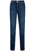 Dunkelblaue, gerade geschnittene Jeans aus Denim. Verfügt über zwei Fronttaschen, zwei Gesäßtaschen und einen Knopfverschluss mit zwei Knöpfen.