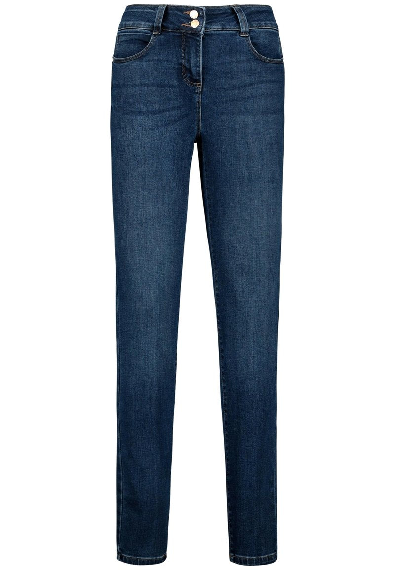 Dunkelblaue, gerade geschnittene Jeans aus Denim. Verfügt über zwei Fronttaschen, zwei Gesäßtaschen und einen Knopfverschluss mit zwei Knöpfen.