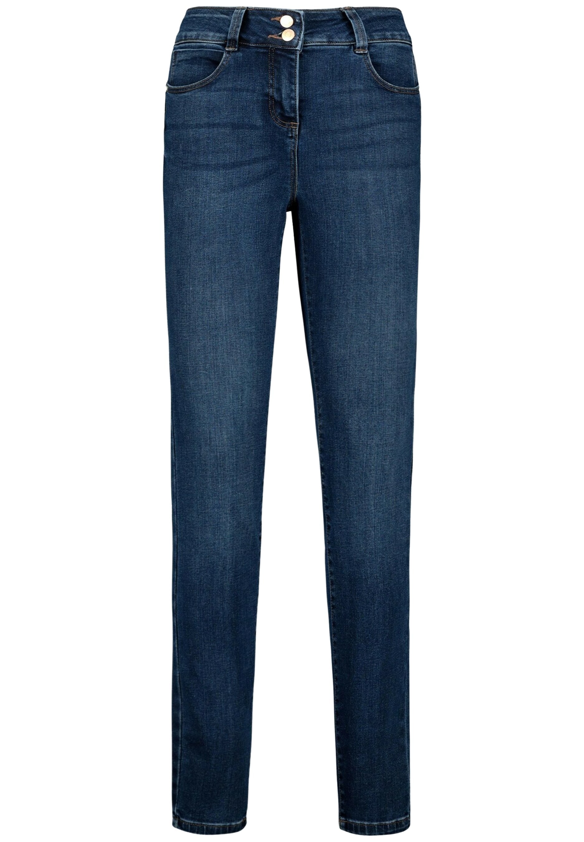 Dunkelblaue, gerade geschnittene Jeans aus Denim. Verfügt über zwei Fronttaschen, zwei Gesäßtaschen und einen Knopfverschluss mit zwei Knöpfen.