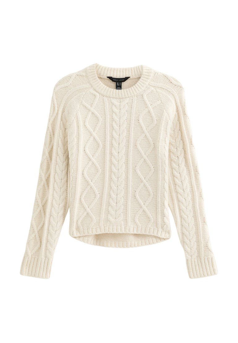 Helles Cremefarbenes Sweatshirt mit Kabelstrickmustern, Rundhalsausschnitt und langen Ärmeln. Verfügt über einen verkürzten Saum und strukturierten Stoff für Wärme.
