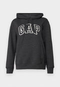 Dunkelgrauer Hoodie aus weichem Stoff mit einer Kängurutasche, Kapuze mit Kordelzug und großem weißen "GAP"-Logo auf der Vorderseite.
