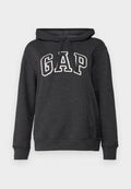 Dunkelgrauer Hoodie aus weichem Stoff mit einer Kängurutasche, Kapuze mit Kordelzug und großem weißen "GAP"-Logo auf der Vorderseite.
