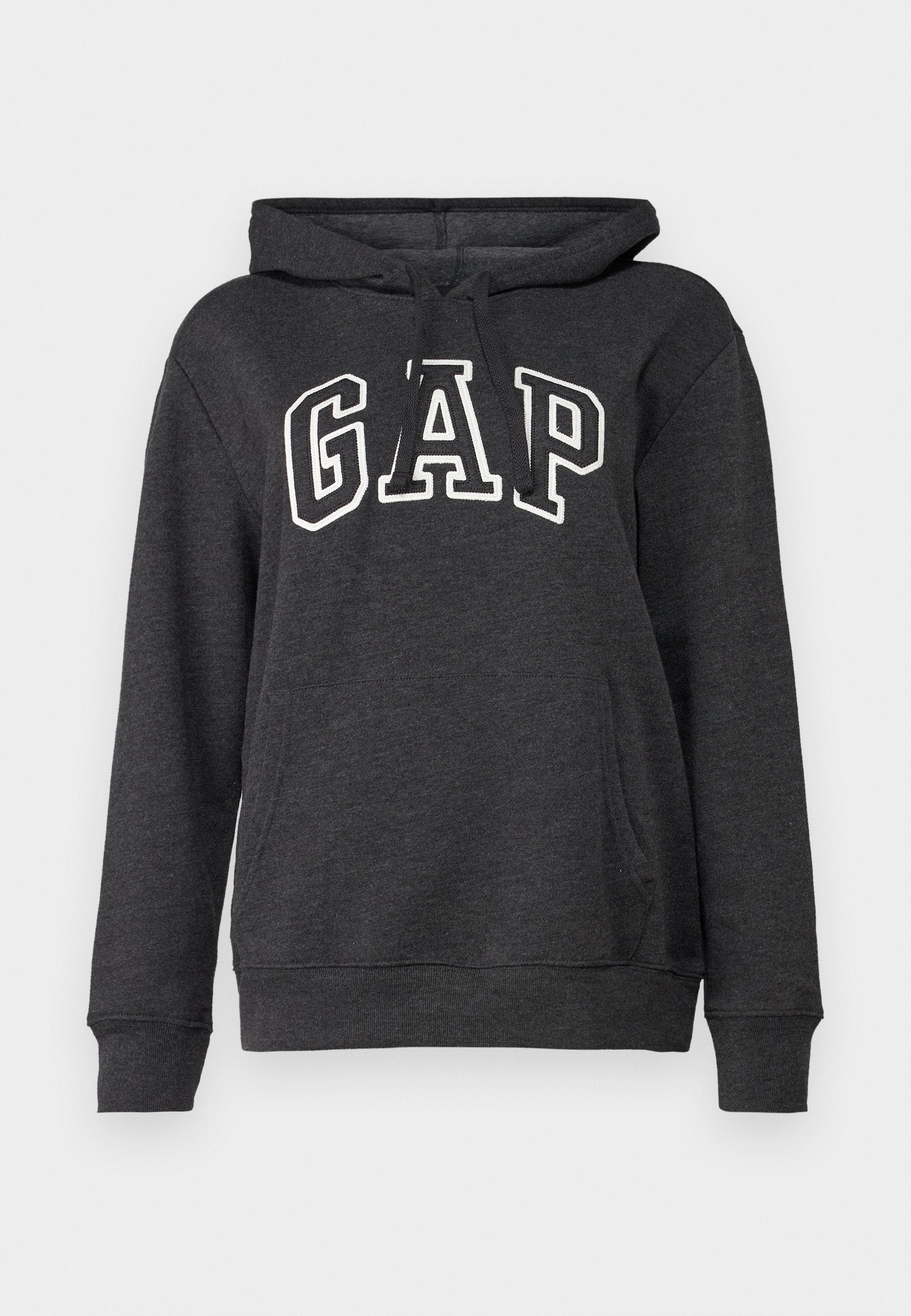 Dunkelgrauer Hoodie aus weichem Stoff mit einer Kängurutasche, Kapuze mit Kordelzug und großem weißen "GAP"-Logo auf der Vorderseite.