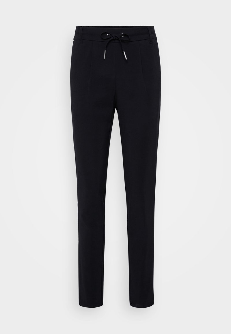 Schwarze Hose mit Kordelzugbund, ausgestattet mit vorderen Falten und einem schmalen Beinverlauf. Hergestellt aus einem glatten, flexiblen Stoff.