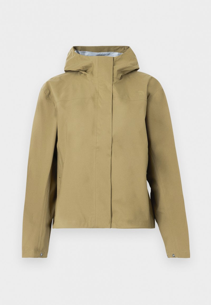 Beige Kapuzen-Regenjacke mit durchgehendem Frontreißverschluss, der von einer Windschutzklappe verdeckt wird, und verstellbaren Manschetten mit Druckknöpfen.