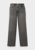 Graue Jeans aus Denim mit geradem Bein, hohem Bund, Fünf-Taschen-Design und dezenten Verwaschungen entlang der Beine. Metallische Hardware-Akzente.