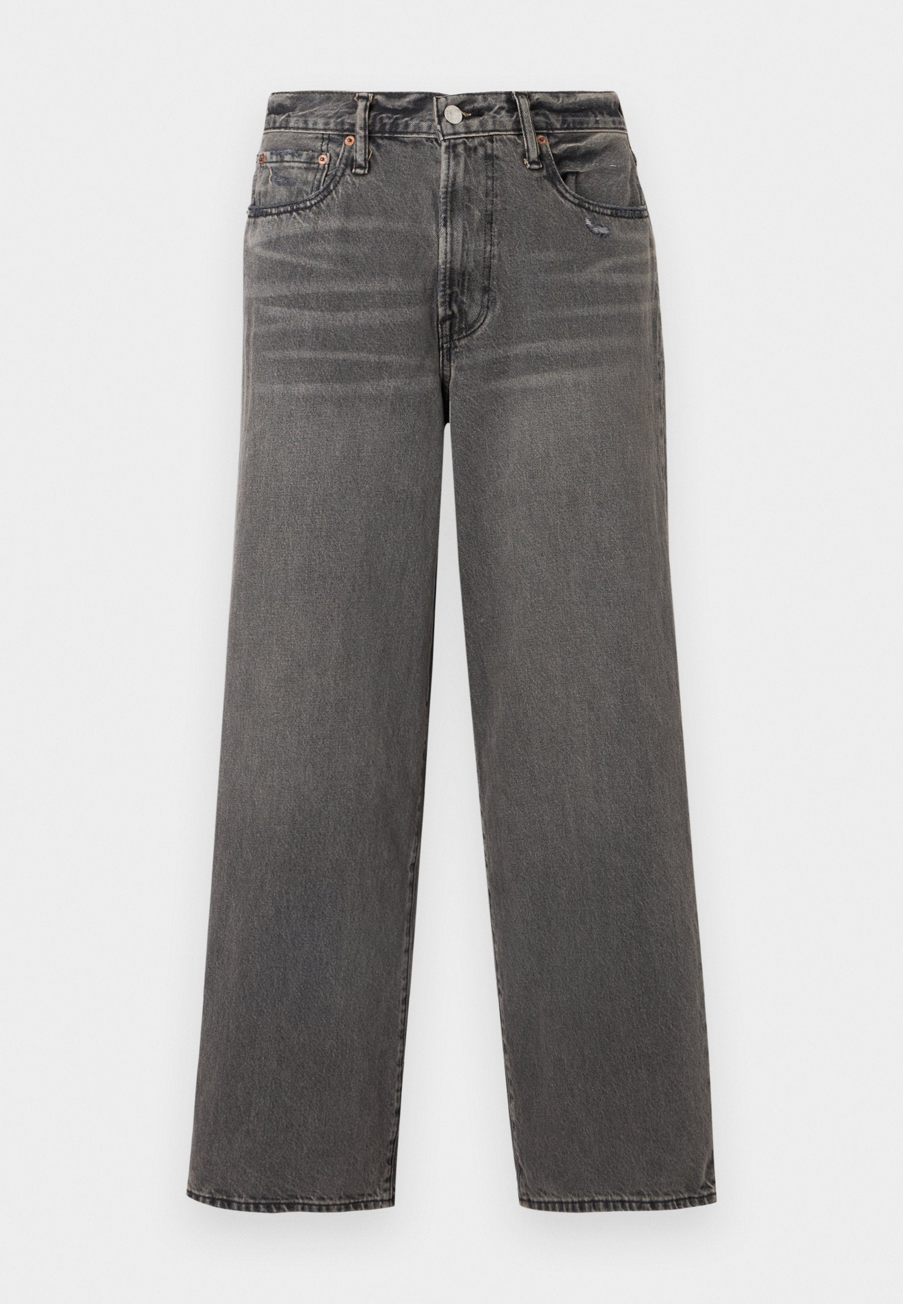 Graue Jeans aus Denim mit geradem Bein, hohem Bund, Fünf-Taschen-Design und dezenten Verwaschungen entlang der Beine. Metallische Hardware-Akzente.
