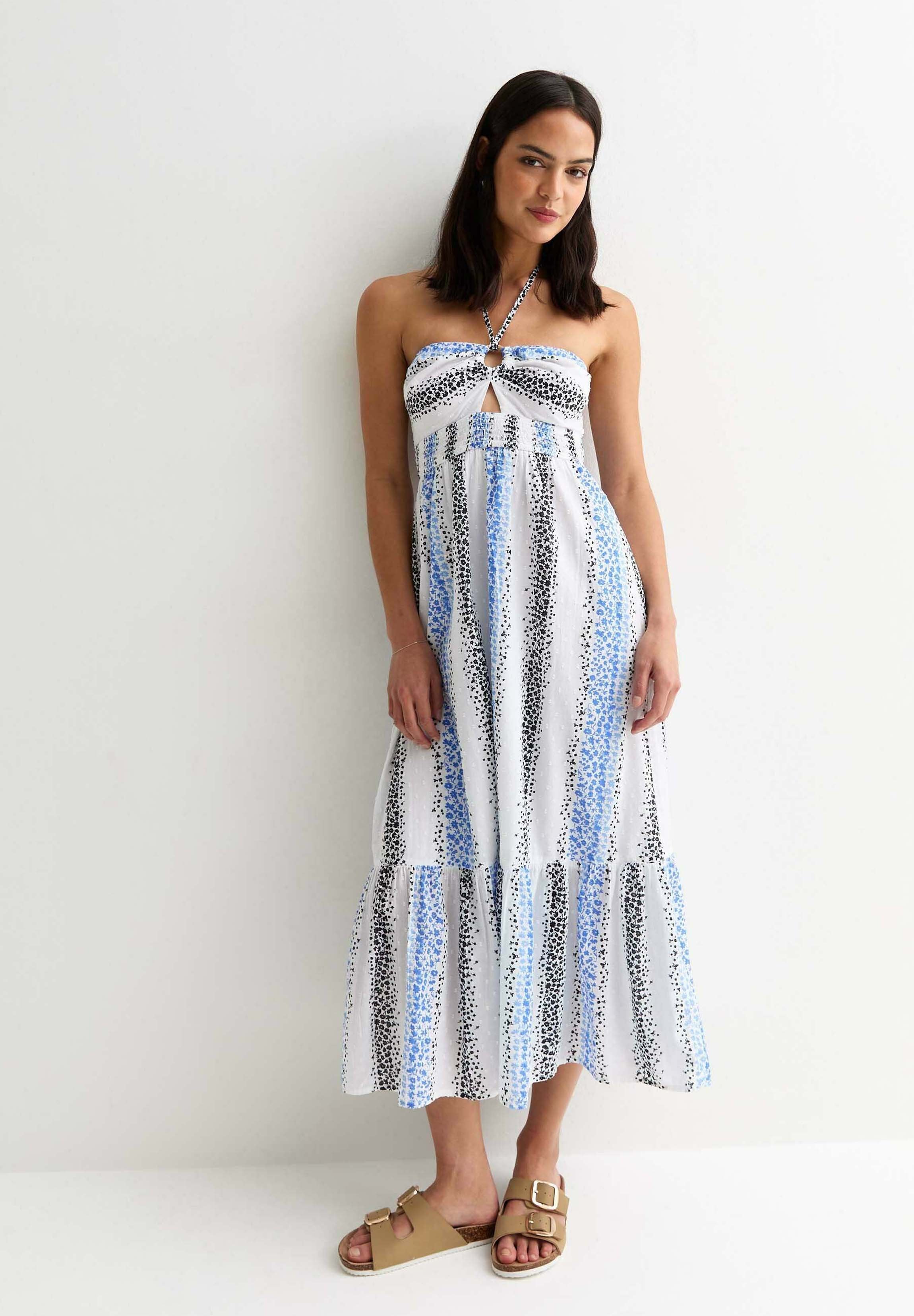 New Look STRIPE FLORAL SHIRRED HALTER NECK MIDI