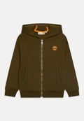 Olivgrüner Reißverschluss-Hoodie aus weichem Baumwollmix. Verfügt über einen vorderen Reißverschluss, zwei Seitentaschen und ein oranges Baum-Logo auf der linken Brust.
