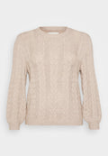 Hellbeige Kabelstrickpullover mit einem gerippten Rundhalsausschnitt und langen puffärmel. Hat strukturierte Muster und eine lockere Passform.