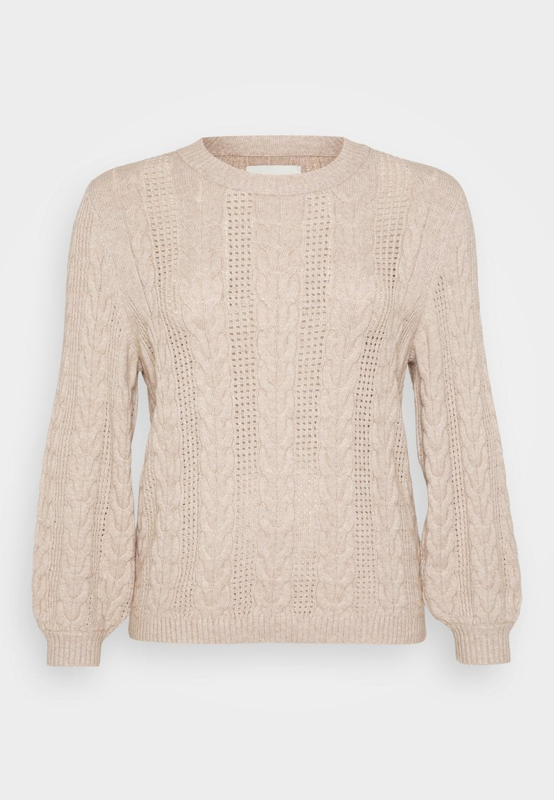 Hellbeige Kabelstrickpullover mit einem gerippten Rundhalsausschnitt und langen puffärmel. Hat strukturierte Muster und eine lockere Passform.