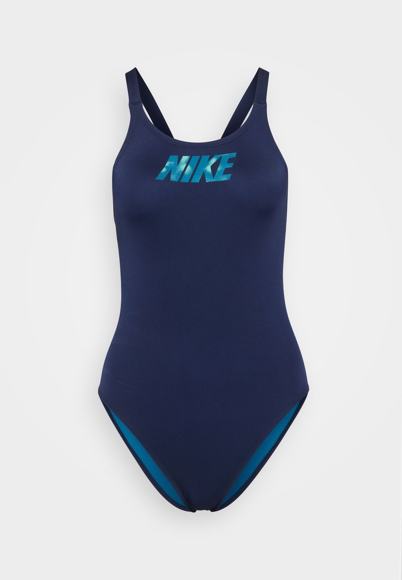 Marineblauer Einteiler mit dünnen Trägern, der das Nike-Logo in Türkis auf der Vorderseite und kontrastierende türkise Akzente an den Seiten aufweist.
