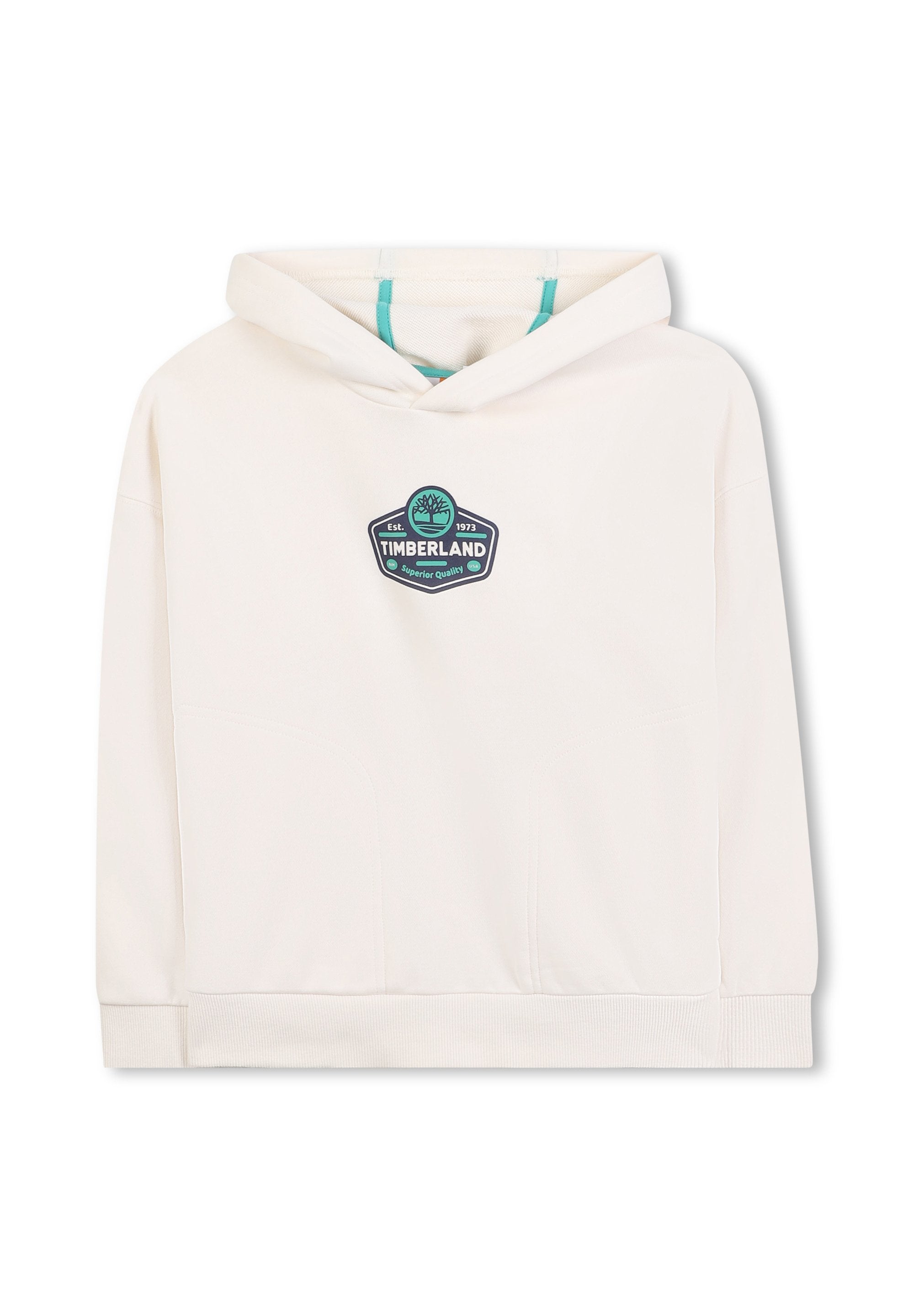 Weiße Kapuzenjacke mit türkisen Akzenten. Verfügt über ein zentrales Timberland-Logo-Patch. Glatte Textur und gerippte Bündchen sowie Saum.