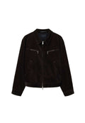 Schwarze Wildlederjacke mit Frontreißverschluss, zwei Reißverschluss-Brusttaschen, zwei Seitentaschen und klassischem Kragen.