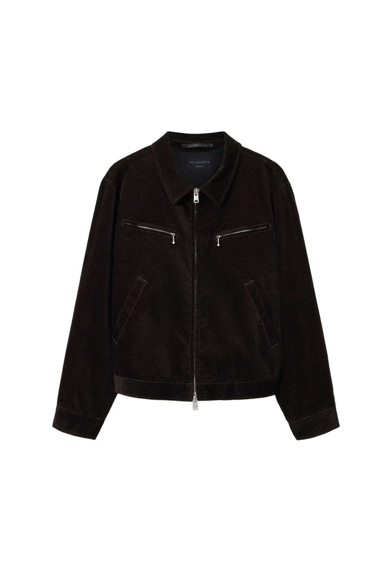 Schwarze Wildlederjacke mit Frontreißverschluss, zwei Reißverschluss-Brusttaschen, zwei Seitentaschen und klassischem Kragen.