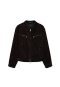 Schwarze Wildlederjacke mit Frontreißverschluss, zwei Reißverschluss-Brusttaschen, zwei Seitentaschen und klassischem Kragen.
