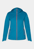 Blaue Kapuzenjacke mit rotem Reißverschluss und seitlichen Reißverschlusstaschen, langen Ärmeln und einer taillierten Silhouette.