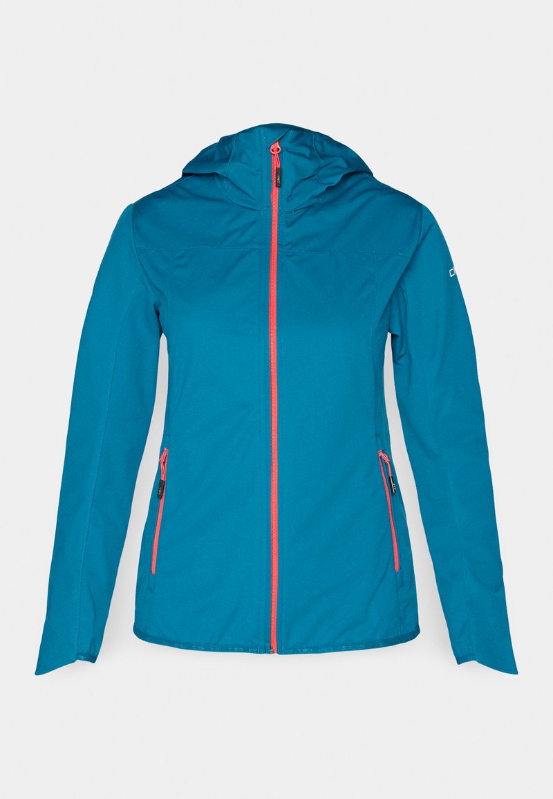 Blaue Kapuzenjacke mit rotem Reißverschluss und seitlichen Reißverschlusstaschen, langen Ärmeln und einer taillierten Silhouette.