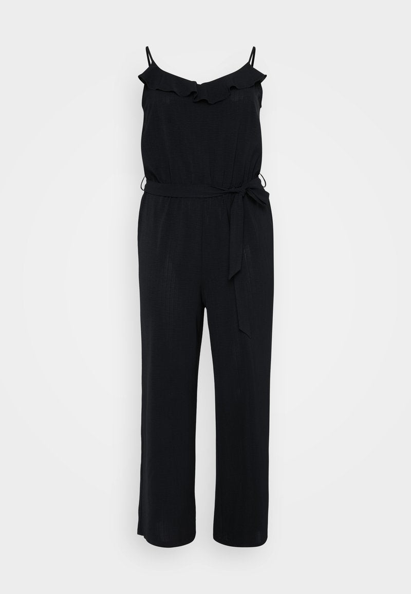 Schwarzer Jumpsuit mit Spaghettiträgern, gerafftem Halsauschnitt, Taillenzug und weitem Bein-Design. Hergestellt aus leichtem Stoff mit glatter Textur.