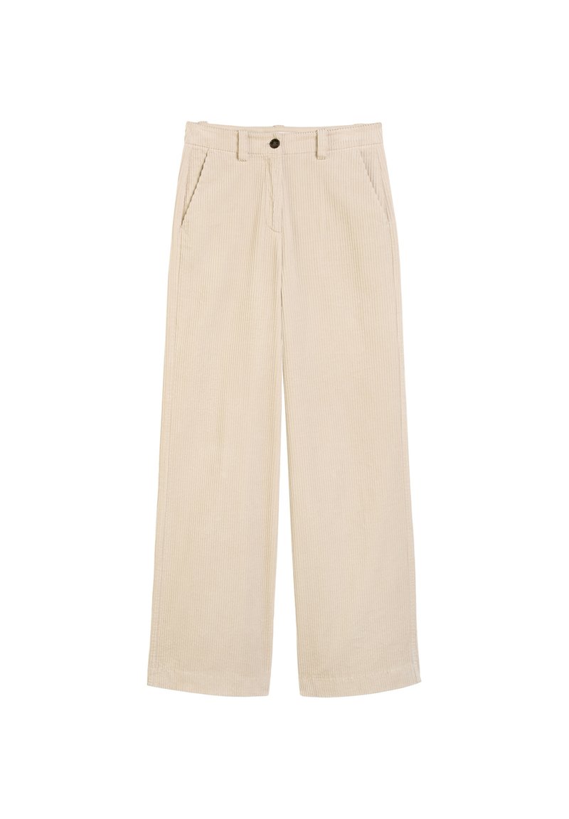 Beige weite Cordhosen mit Fronttaschen, Gürtelschlaufen und einem Knopfverschluss an der Taille.