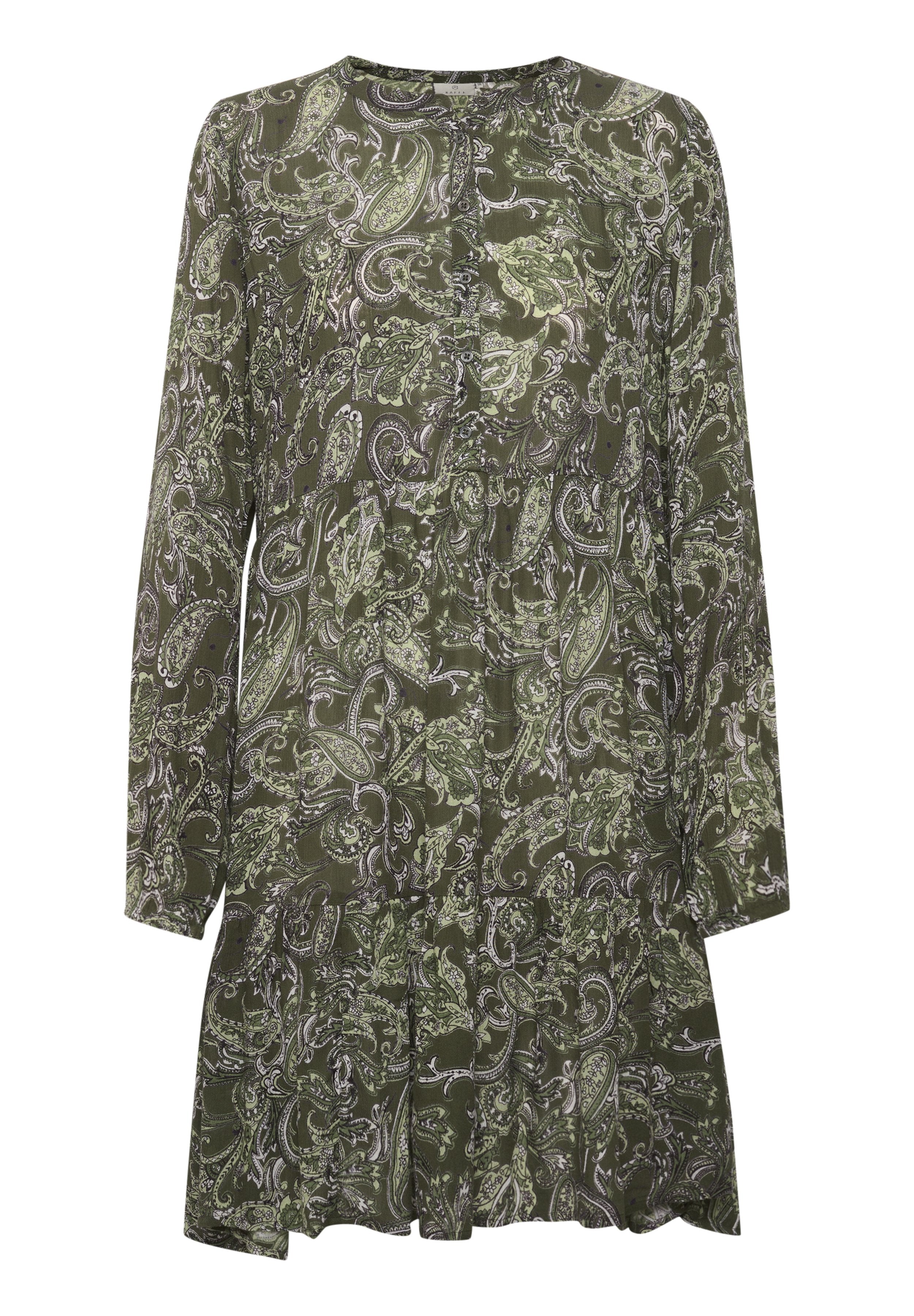 Grünes Kleid mit Paisleymuster, langen Ärmeln, rundem Ausschnitt und gestuftem Rocksaum. Hergestellt aus leichtem Stoff mit filigranen Details.