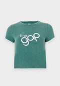 Grünes T-Shirt mit kurzen Ärmeln aus Baumwolle, vorne mit dem weißen Aufdruck "the gap". Gekürztes Design mit rundem Halsausschnitt.