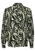 Langärmlige Bluse mit einem grünen, schwarzen und blauen abstrakten Wirbelmuster, ausgestattet mit einem Kragen und einer Knopfleiste vorne.