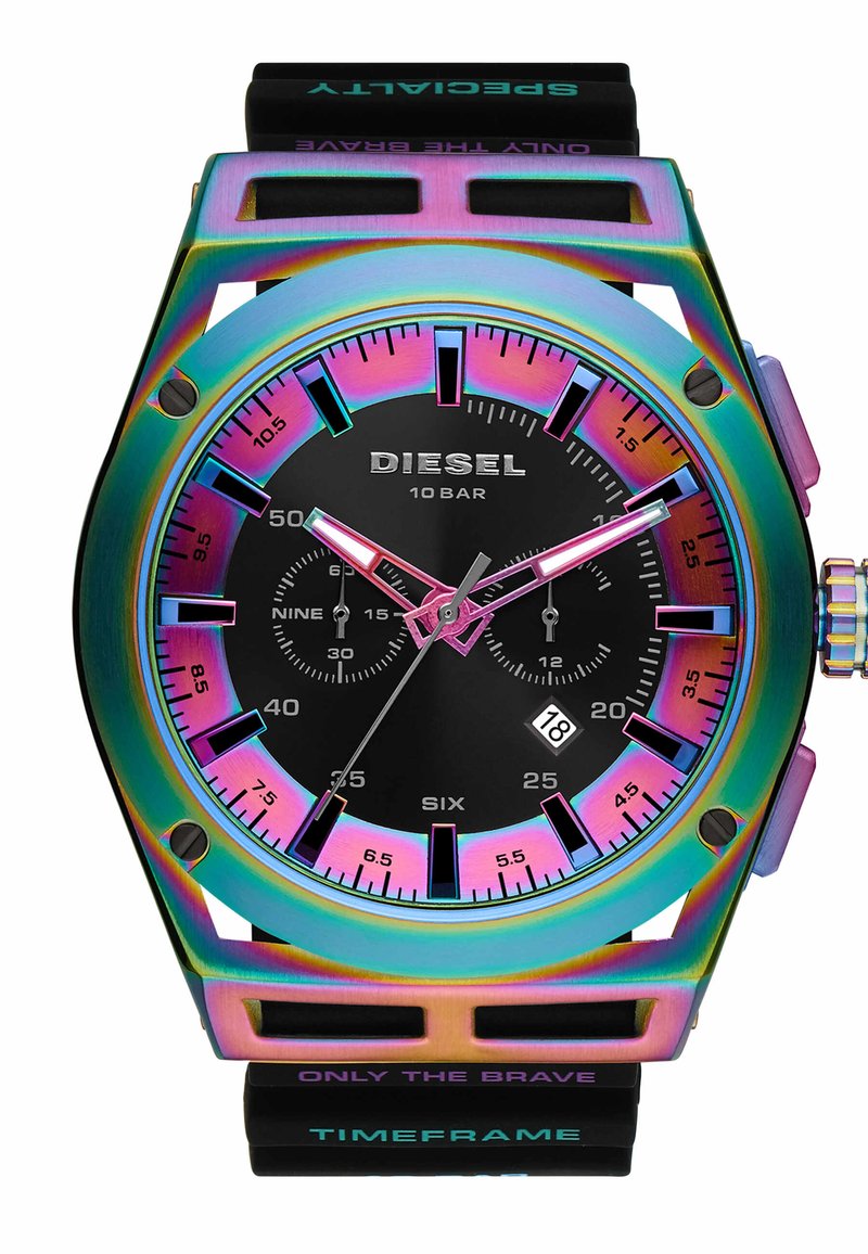 Diesel-Uhr mit schwarzem Ziffernblatt, mehrfarbigem Metallgehäuse und auffälligen Stundenmarkierungen. Verfügt über Chronographenanzeigen und ein Gummiband.