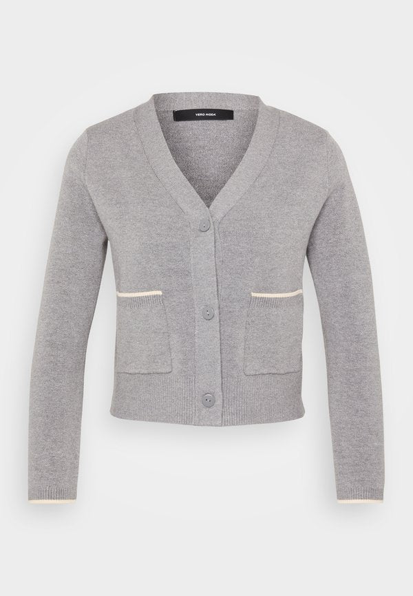 Vero Moda Petite VMGOLD V NECK CONTRAST CARDIGAN - Cardigan - medium grey melange/birch