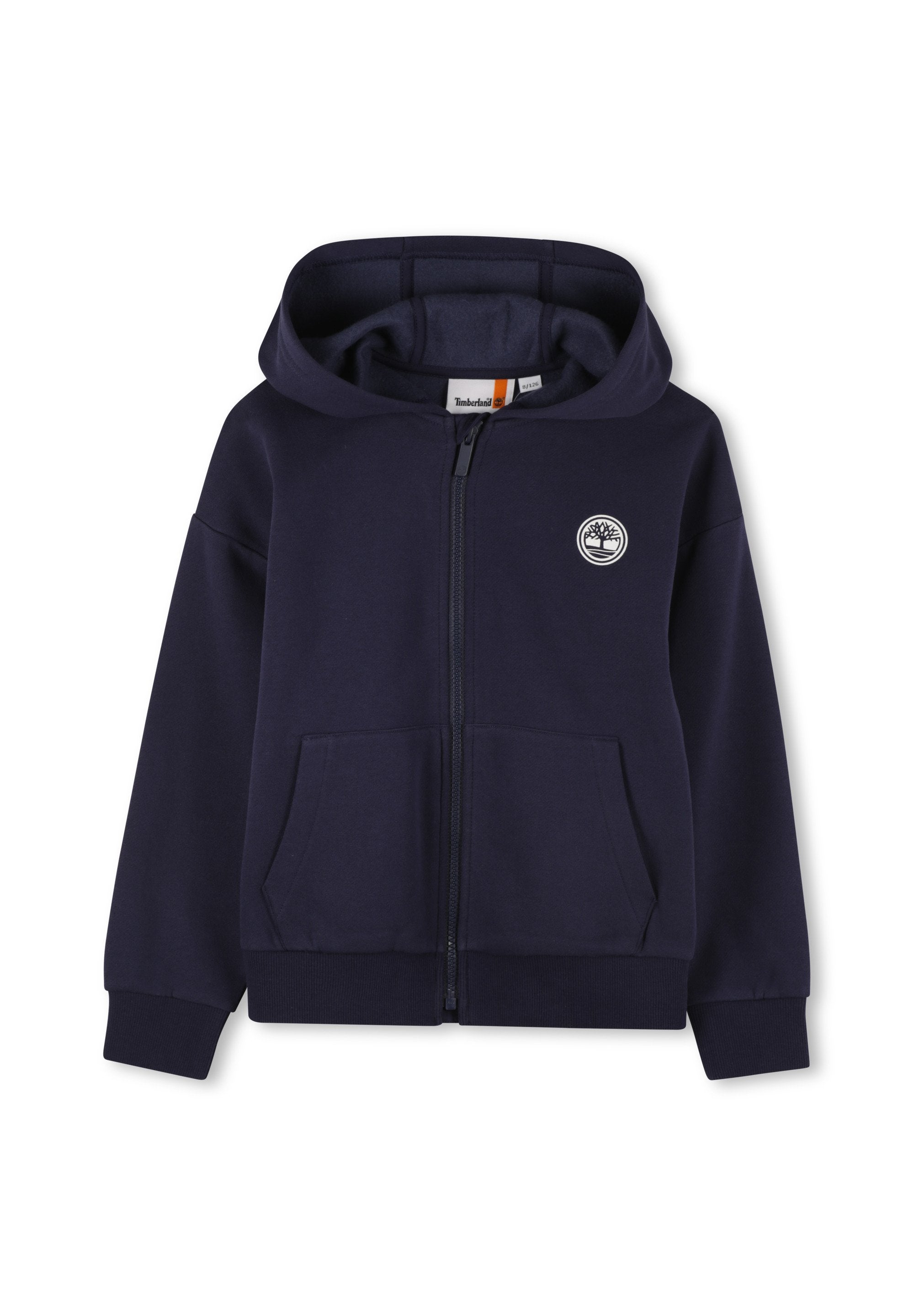Navy-blaues Zip-Hoodie aus weichem Baumwollstoff, mit einem Logo-Patch auf der Vorderseite, zwei seitlichen Taschen sowie gerippten Bündchen und Saum.