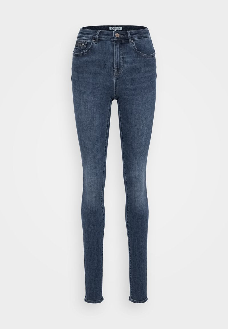 Schlanke Jeans in dunkelblauem Denim mit mittelhohem Bund, ausgestattet mit Fronttaschen, einem einzelnen Metallknopfverschluss und minimalem Verblassen.