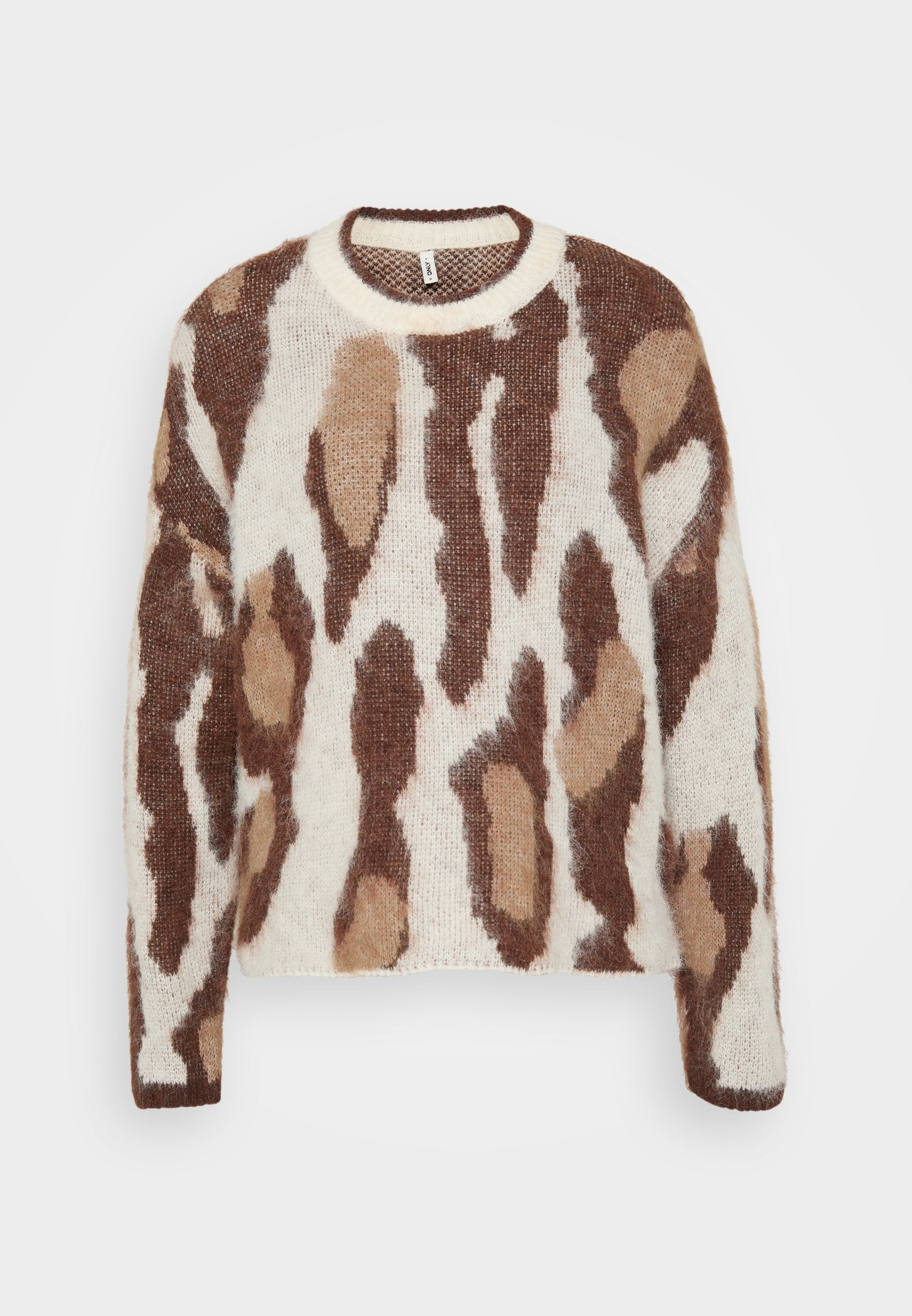 Braun und cremefarbener Pullover mit Muster in einer weichen, flauschigen Textur, mit Rundhals und lockerer Passform, der abstrakte Formen zeigt, die an Tierfell erinnern.