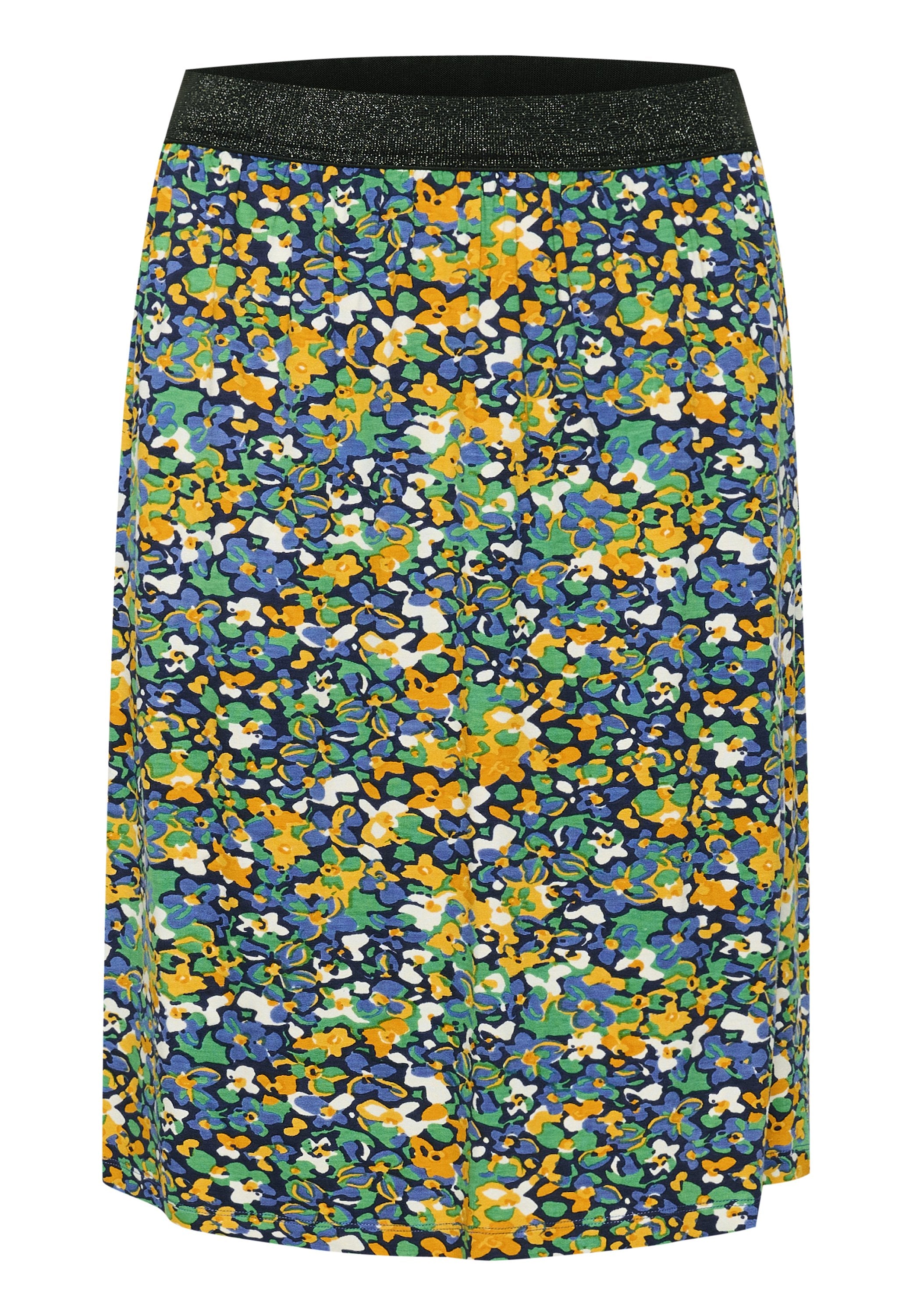 Rock mit Blumenmuster in Blau, Grün, Gelb und Weiß, mit einem schwarzen Glitzerbund; aus leichtem, weichem Stoff hergestellt.