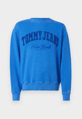 Blauer Pullover aus Baumwolle mit Rundhalsausschnitt, langen Ärmeln und dem "TOMMY JEANS"-Logo in dunklem, erhabenem Schriftzug auf der Vorderseite.