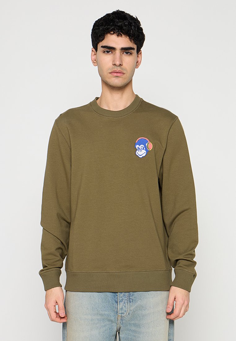 Olivgrüner Sweatshirt aus Baumwolle mit rundem Ausschnitt und gerippten Bündchen, mit einem bunten, gestickten Affen-Motiv auf der Brust.