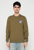 Olivgrüner Sweatshirt aus Baumwolle mit rundem Ausschnitt und gerippten Bündchen, mit einem bunten, gestickten Affen-Motiv auf der Brust.