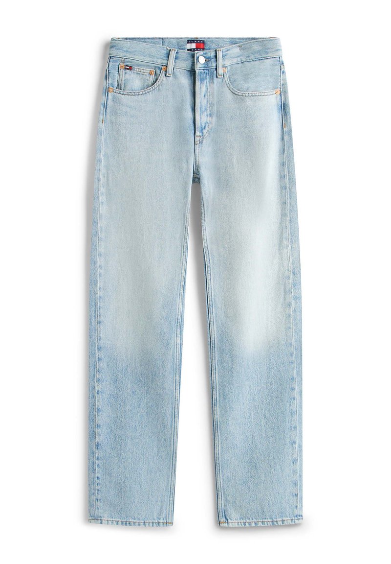 Hellblaue, gerade geschnittene Jeans mit fünf Taschen, Reißverschluss und einem kleinen Tommy Hilfiger Logo auf dem vorderen Bund und der Münztasche.