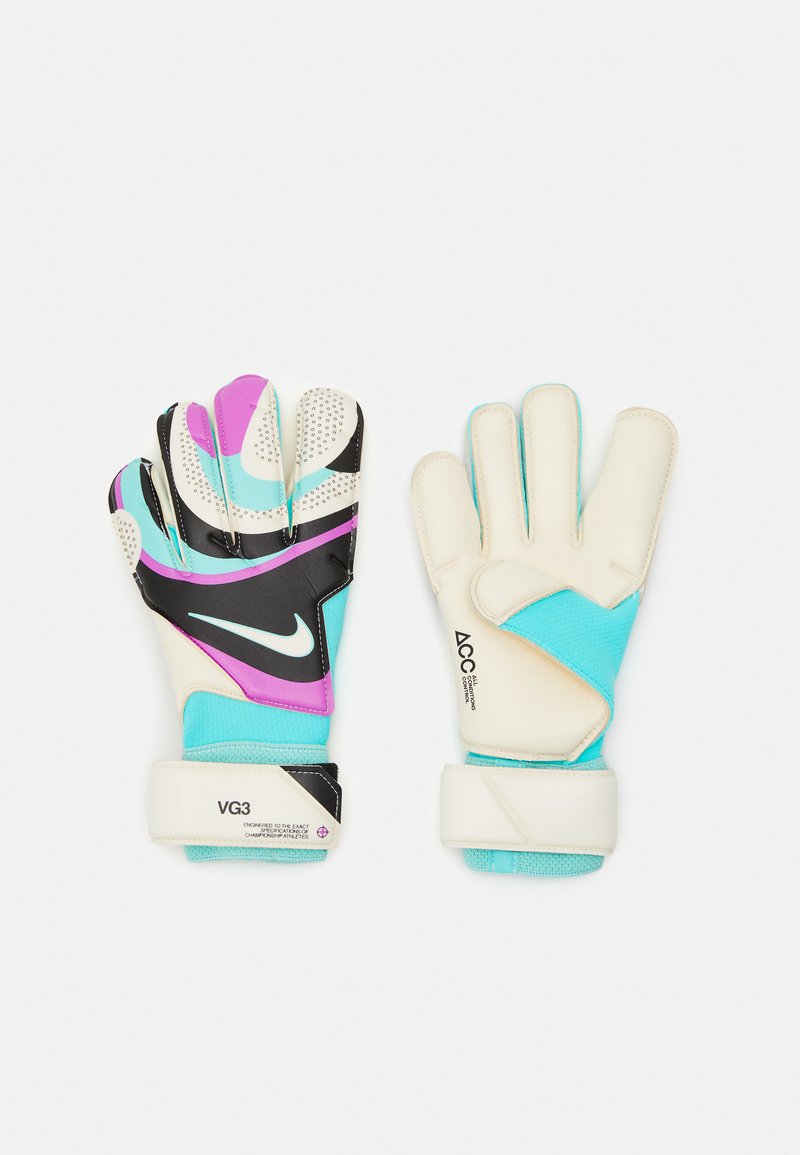 Torwart-Handschuhe mit einem Design in Schwarz, Türkis und Weiß, ergänzt durch lila Akzente, strukturiertem Grip und verstellbaren Handgelenkriemen.