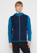 Herren Kapuzenjacke in Blau und Marineblau, mit strukturiertem Stoff an der Vorderseite, glatten Ärmeln und einem durchgehenden Reißverschluss mit kontrastierenden Beschlägen.