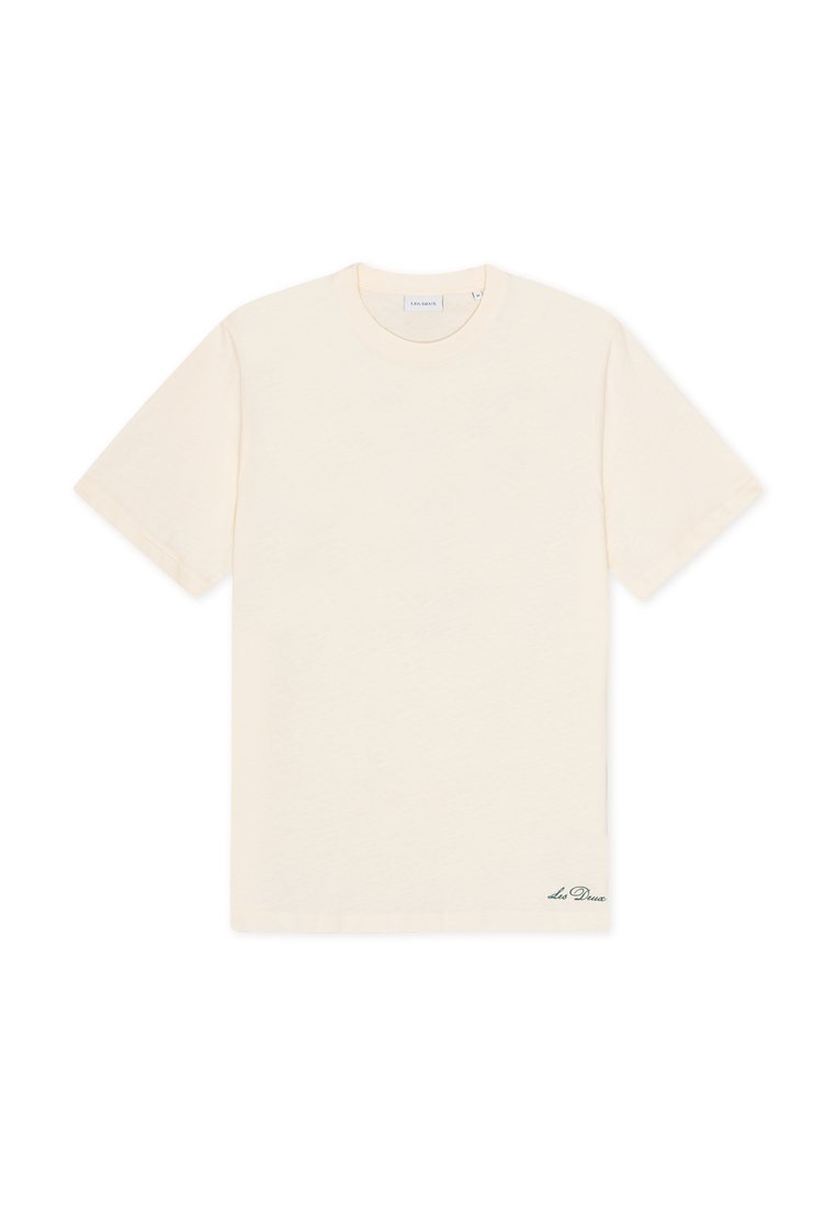 Baumwoll-T-Shirt in Cremefarbe mit kurzen Ärmeln, rundem Ausschnitt und gesticktem Markenlogo in der Nähe des Saums. Glatte Textur, Standardpassform.
