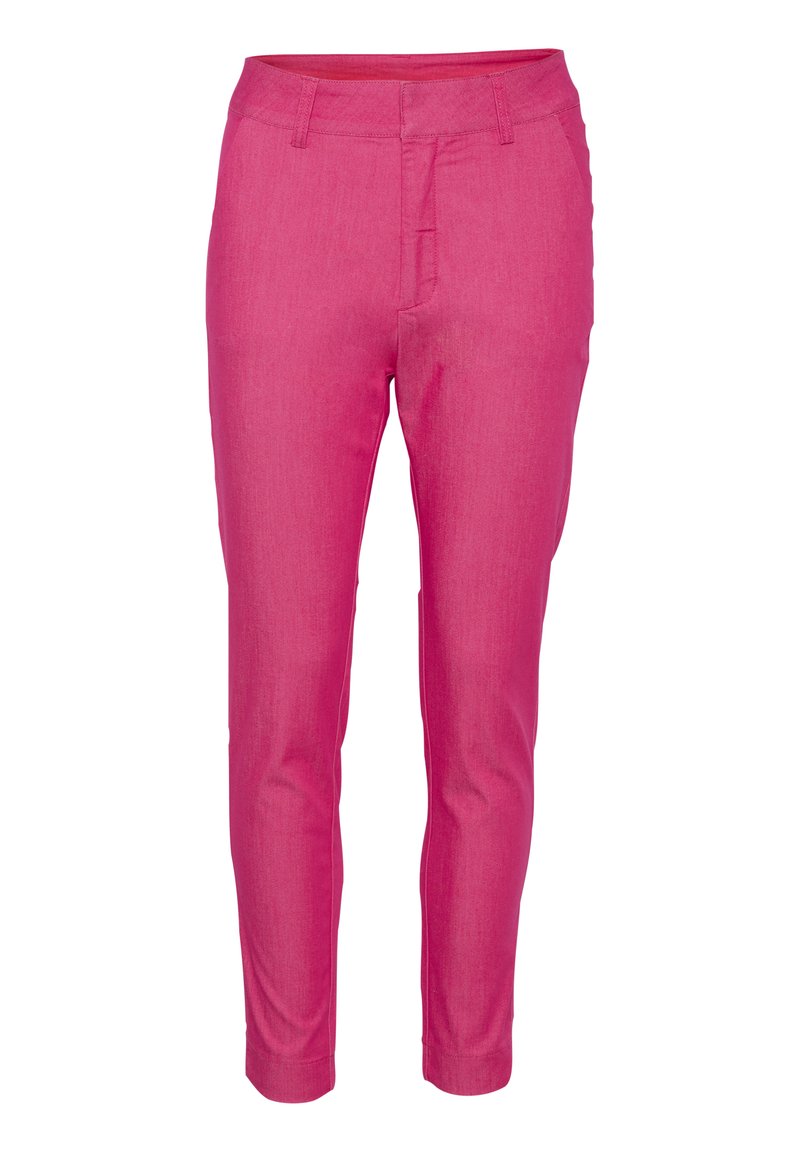 Eng anliegende Hosen aus leuchtend pinkem Stoff mit glatter Textur, flachem Vorderteil, Gürtelschlaufen und tapered Design bis zum Knöchel.