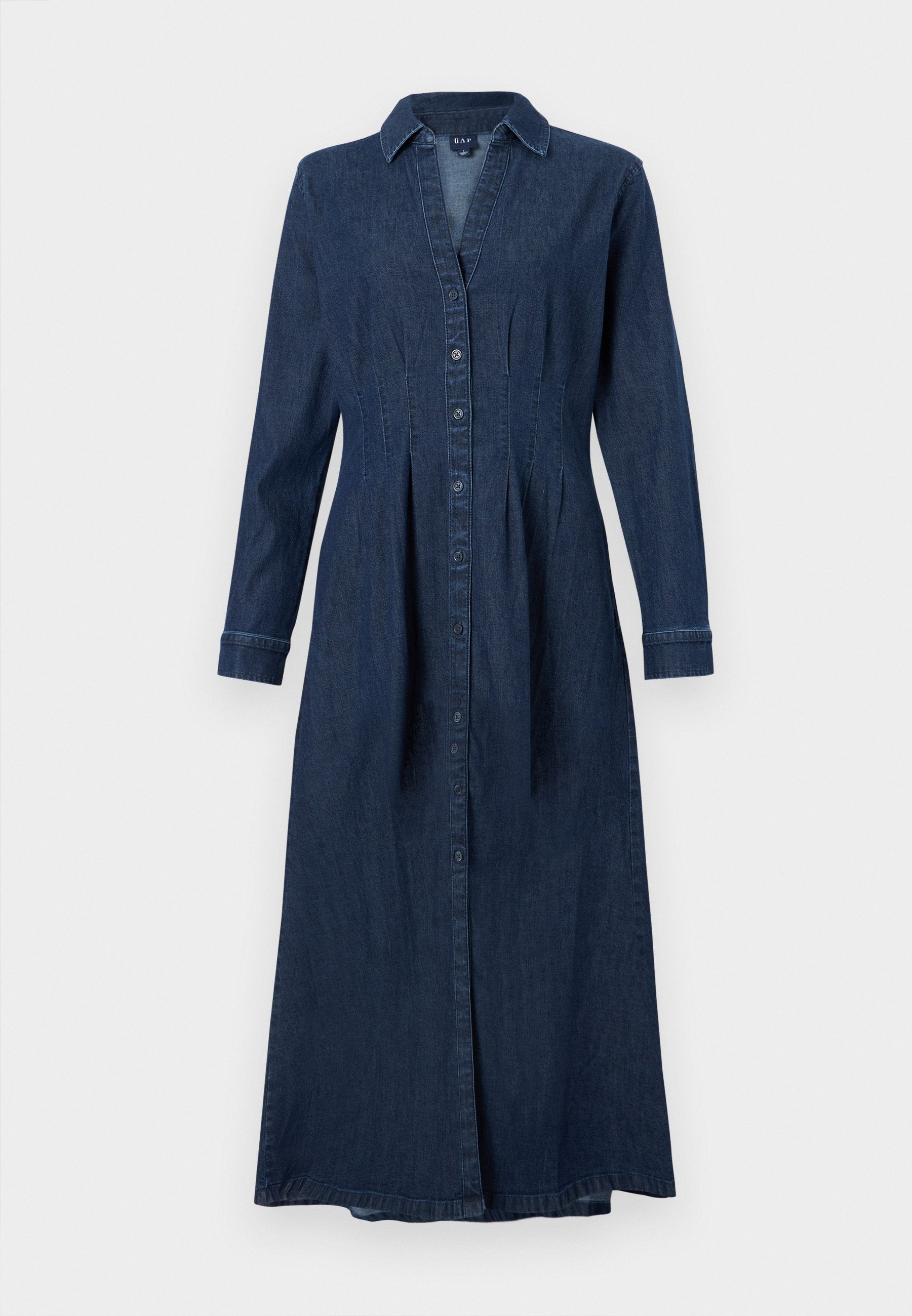 Denim-Hemdkleid in Dunkelblau; mit langen Ärmeln, durchgehender Knopfleiste und Kragen. Ausgestellt geschnitten mit vertikalen Nähten und mittlerer Länge.