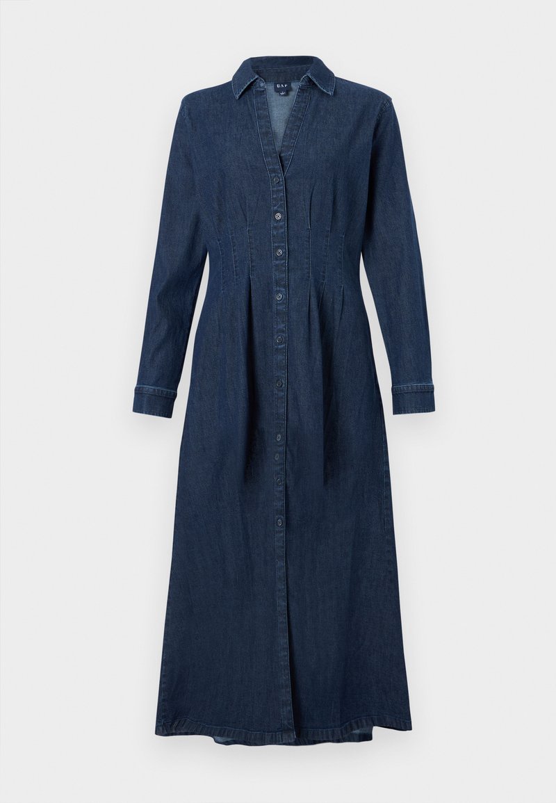 Denim-Hemdkleid in Dunkelblau; mit langen Ärmeln, durchgehender Knopfleiste und Kragen. Ausgestellt geschnitten mit vertikalen Nähten und mittlerer Länge.