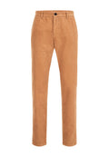 Beige Cordhosen mit geradem Bein, texturiertem Stoff mit vertikalen Rippungen und einem vorderen Knopfverschluss.