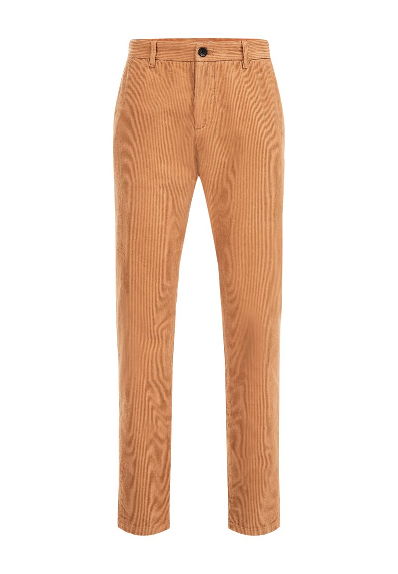 Beige Cordhosen mit geradem Bein, texturiertem Stoff mit vertikalen Rippungen und einem vorderen Knopfverschluss.