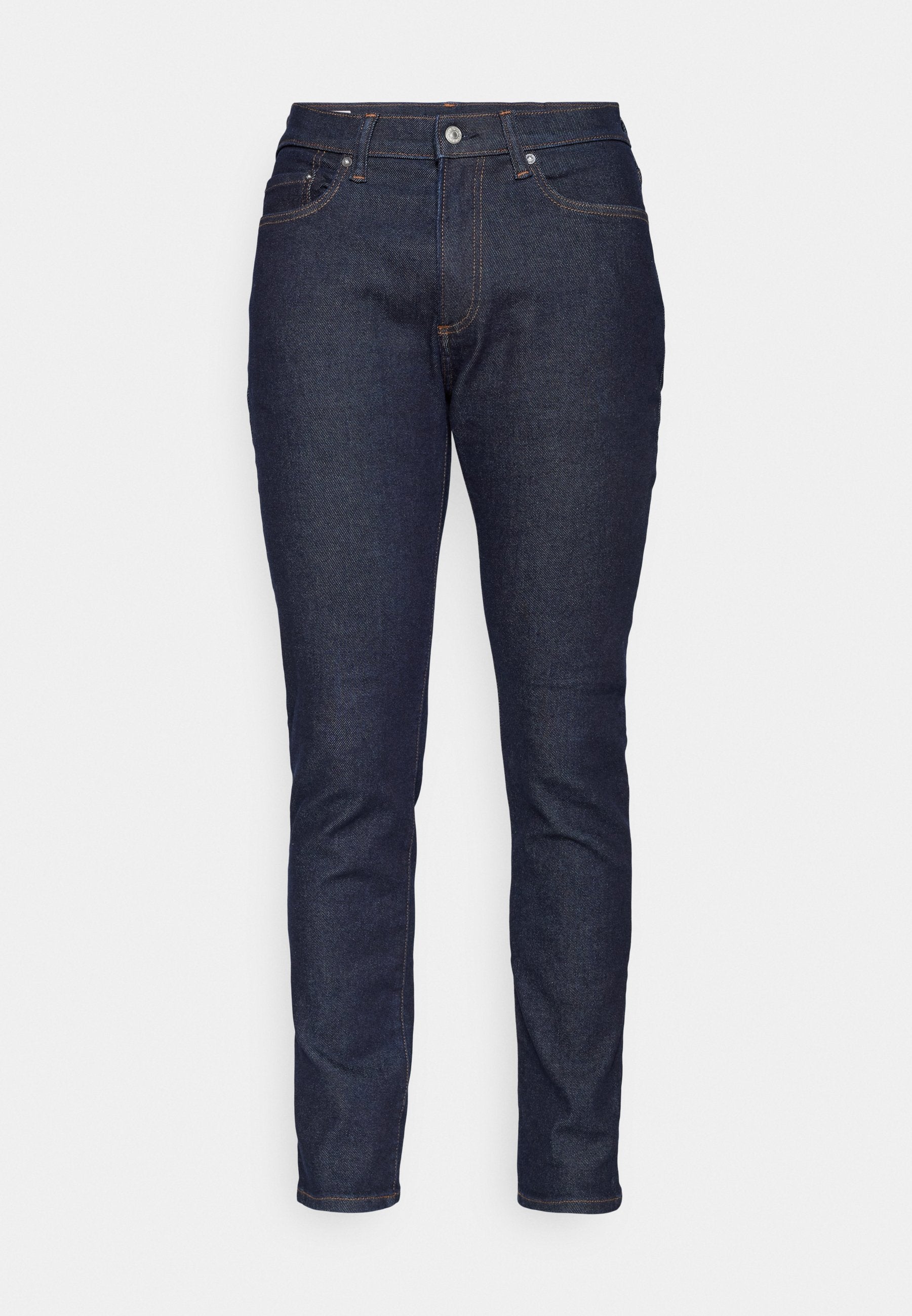 Dunkelblaue Denim-Jeans mit Slim-Fit, fünf Taschen, einem Frontknopfverschluss und kontrastierenden orangefarbenen Nähdetails.