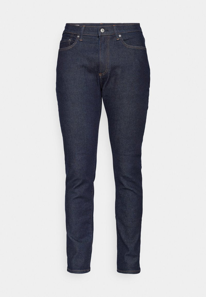 Dunkelblaue Denim-Jeans mit Slim-Fit, fünf Taschen, einem Frontknopfverschluss und kontrastierenden orangefarbenen Nähdetails.