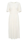Weißes Midi-Kleid mit rundem Ausschnitt, kurzen schwingenden Ärmeln und gerafftem Taillendetail. Glattes Material mit fließender Silhouette.