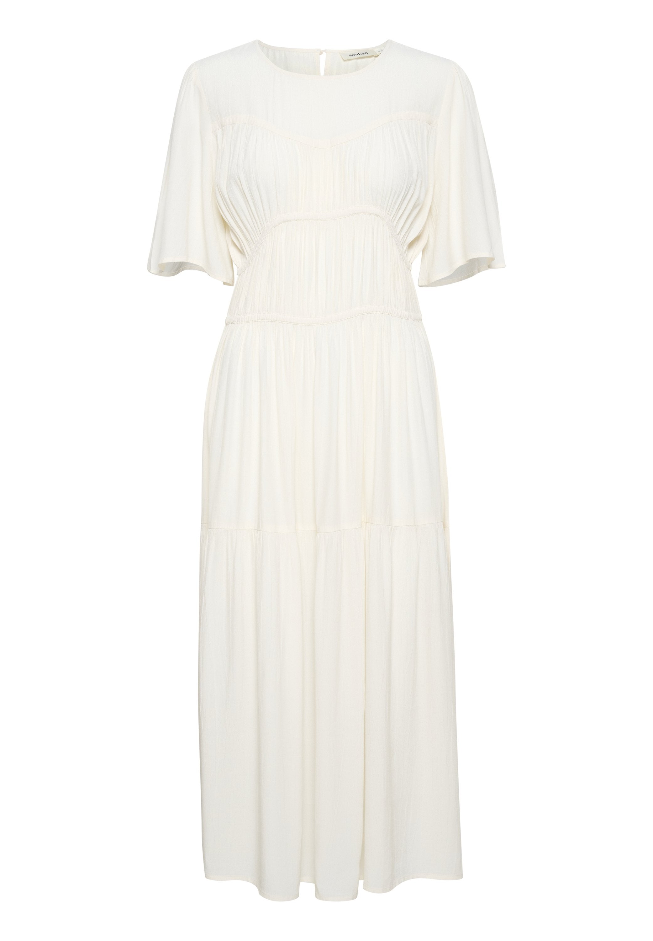 Weißes Midi-Kleid mit rundem Ausschnitt, kurzen schwingenden Ärmeln und gerafftem Taillendetail. Glattes Material mit fließender Silhouette.