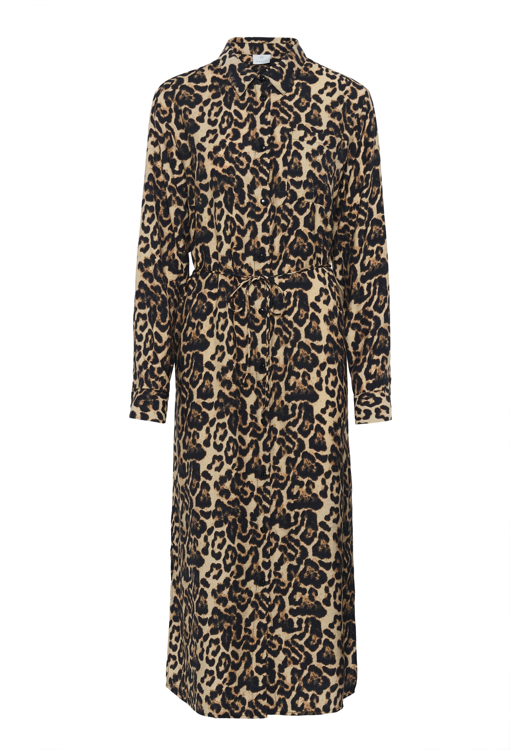 Leopardenmuster Hemdkleid in Beige und Schwarz, mit Kragen, langen Ärmeln, Taillengürtel und geradem Schnitt. Texturiertes Material mit Knopfverschluss.